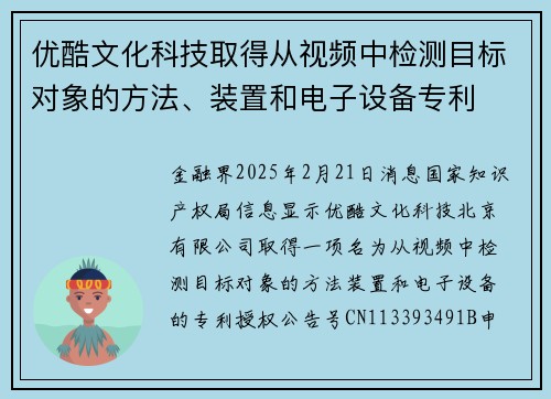 优酷文化科技取得从视频中检测目标对象的方法、装置和电子设备专利