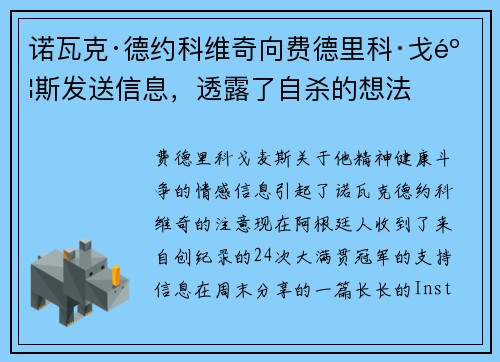诺瓦克·德约科维奇向费德里科·戈麦斯发送信息，透露了自杀的想法