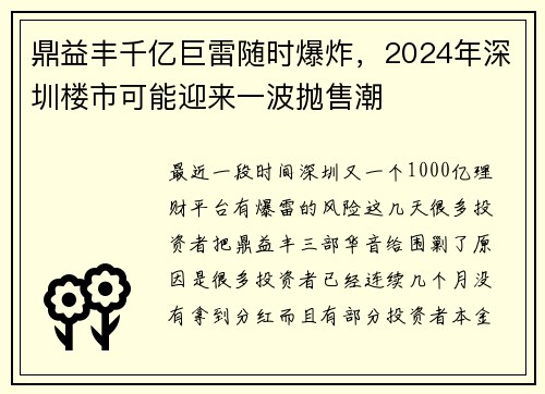 鼎益丰千亿巨雷随时爆炸，2024年深圳楼市可能迎来一波抛售潮